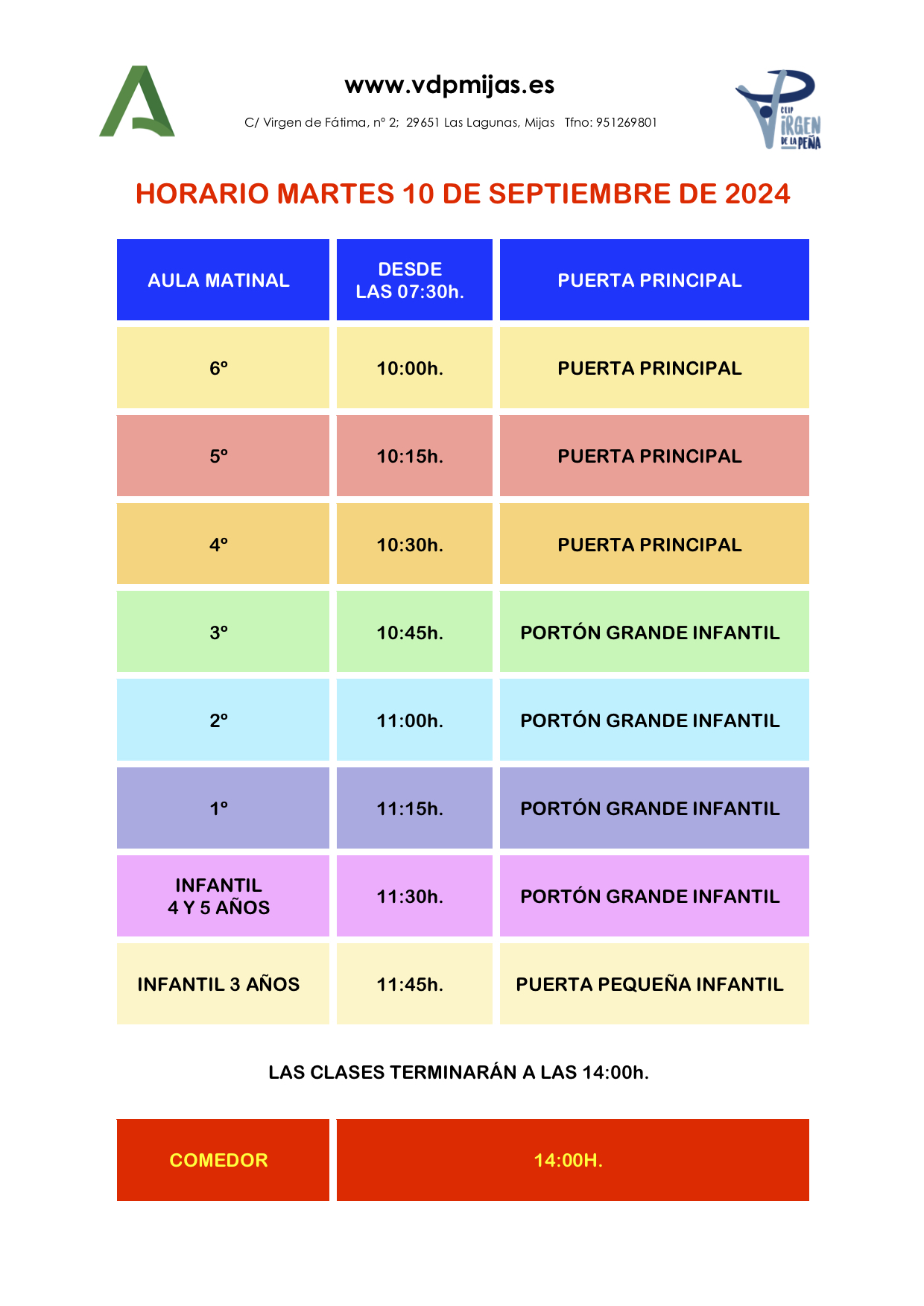 Horario del primer día de clase